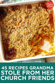 a white casserole dish filled with food and text reads, 5 recipes grandma stole from her church friends