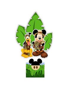 the mickey mouse and goofy duck are sitting in front of a green plant with leaves