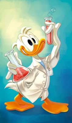 a cartoon duck holding a beakle and flask in it's right hand