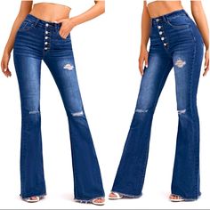 Distressed Bell Bottom Jeans 5-Metal Button Up- 5-Pocket 85% Cotton 2% Spandex 13% Polyester S-Waist-26” Inseam-34.5” Bell-11” M-Waist-28” Inseam-35.5” Bell-11.5” L-Waist-31” Inseam-36” Bell-12” Bottom Jeans, Jeans Distressed, Distressed Denim Shorts, Bell Bottom, Jeans Color, Colored Jeans, Fit & Flare, Jeans Style, Blue Fashion