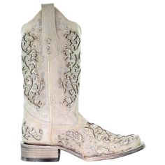 Delicate, beautiful, and elegant. A classic western silhouette with a neutral tone for easy combination whether with jeans, shorts, or that perfect dress. Its beauty is not only in its 11.5-inch shaft full of embroidery, glitter inlay, and rhinestones but also in its crackled leather finish, and in its white and dark grey weathered floral-designed sole. This is a style you can wear all day without worrying about getting tired. It features; sturdy pull-on straps with its square toe silhouette The Nashville Style Outfits, Western Silhouette, Corral Boots Womens, Square Toe Cowboy Boots, Quince Decorations, Elegant Boots, Fest Outfits, Nashville Style, Wedding Boots