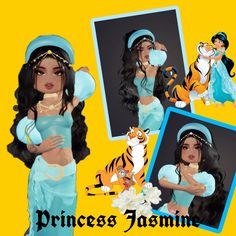 an animated image of a woman dressed as a princess with a tiger on her chest