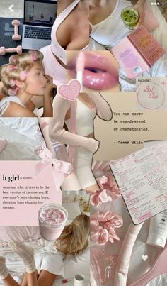 a collage of pink and white images