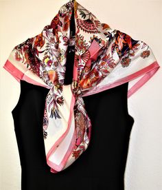 "Brighten up your look with this silky feeling, colorful and elegant Women square scarf, 35.5\" x 35\" 100% polyester satin silk, lady square scarf, hat scarf, woman bandana, shawl wraps, headband or headscarf, foulard. Fine gift scarf for women. Beautiful pattern, leaves, and flowers is a nice accent to your wardrobe. Ideal for winter or spring. Soft and comfortable to wear with your white blouse or a plain shirt. Ideal as a beach accessory, a touch of elegance to your outfit. Due to the differ Elegant Square Scarves For Summer, Elegant Square Summer Scarves, Elegant Spring Square Silk Scarf, Elegant White Square Scarf, Elegant White Square Silk Scarf, Elegant Silk Square Scarves, White Satin Scarf For Spring, Chic Silk Shawl Scarf, Elegant Silk Shawl Scarf For Spring