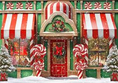 a christmas shop with candy canes and wreaths on the front door is shown