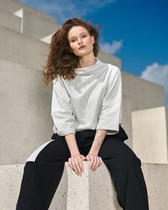 Modern 3/4 Sleeve Tops For Fall, Boxy Top, Funnel Neck, Funnel, Drop Shoulder, French Terry, Knit Jersey, Timeless Fashion, Color Blocking