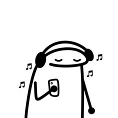 a black and white drawing of a cartoon character listening to music with headphones on