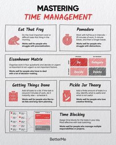 a white paper with red and black writing on it that says, mastering time management