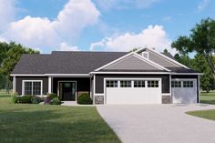 this is a computer rendering of the front elevation of a house with two garages