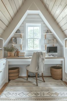 an attic home office with white walls and wooden floors, built in shelvings