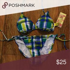 Plaid bikini. New never used. Swim Bikinis Plaid Bikinis, Blue Yellow, Yellow White, Plaid, Yellow, Outfit Inspo, Plus Fashion, Green, Fashion Design