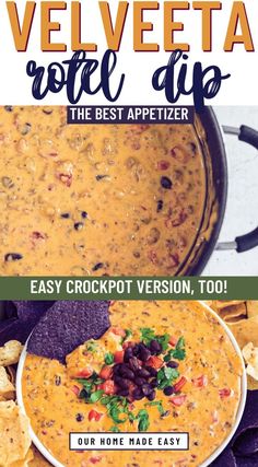 the best appetizer recipe for velveeta rota dip, made with tortilla chips and black beans