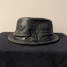 Leather Fedora 100% Real Leather Black Satin Lining Size 62 / 63 Designer Black Hats For Spring, Designer Black Spring Hats, Black Fitted Leather Hat, Fitted Black Leather Hat, Black Leather Vintage Hat, Black Leather Hat For Fall, Elegant Black Leather Hat, Black Satin, Real Leather