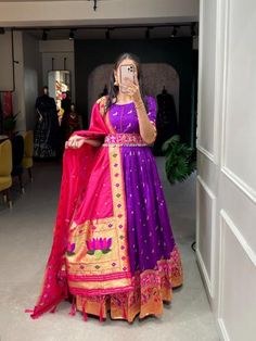 Get ready for this wedding season in a jacquard (Paithani) purple dress which has zari weaving work. This south indian zari weaving work gown can be wear at any special festivals. Paithani Gown, Gowns Traditional, Fashion Gowns, Red Gowns, Zari Work, Silk Gown