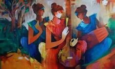 an abstract painting of two women playing the guitar and another woman sitting down next to her