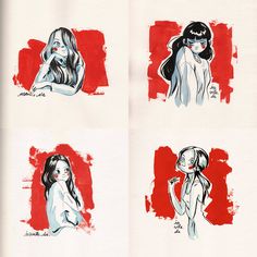 four different colored drawings of women with long hair and no bras, on white paper