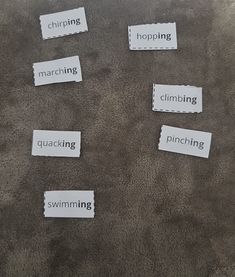 four pieces of paper with words describing the different types of climbing and swimming on them