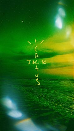 the words are written in bright green and yellow on an abstract background with water below