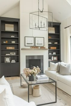 a living room filled with furniture and a fire place in front of a book shelf