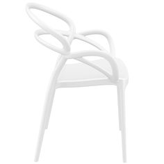 a white plastic chair with curved arms and an armrest on the back, against a white background