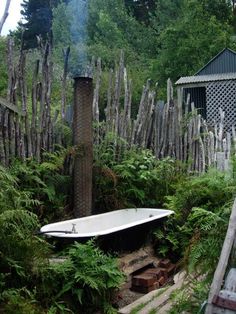 an old bathtub sitting in the middle of a garden