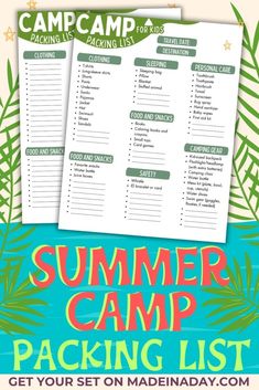 the summer camp packing list is shown with palm leaves and stars on it, along with text