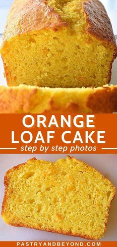 an orange loaf cake is cut in half and sitting on a plate with the title above it