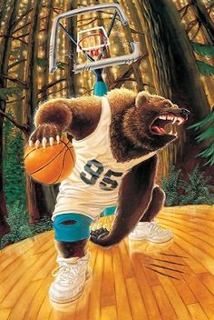 a painting of a bear holding a basketball in the air with its mouth wide open