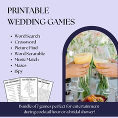 two people holding wine glasses with the words printable wedding games