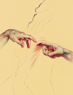 two hands reaching for each other with cracked paint on the wall behind them and one hand holding another's arm