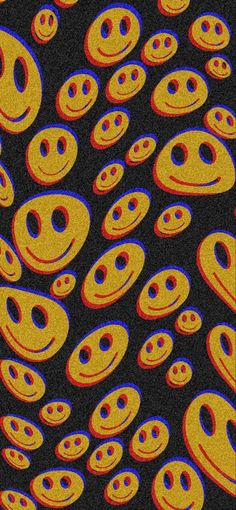 an image of many smiley faces on a black and yellow background with red, blue, and orange colors