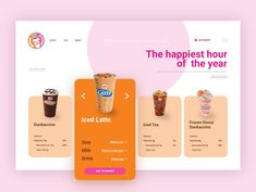 the website for iced latte is displayed on an orange and pink background with coffee cups