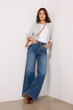 Relaxed yet polished, the Lana Jean by Pistola features a wide leg silhouette with a flattering high-rise fit and full-length inseam. They're crafted in soft cotton denim with a hint of stretch for day-to-night wear. | PISTOLA Women's Lana Jean, Size 24, Blue What To Wear With Wide Leg Jeans, Wide Leg Jeans Outfits, Wide Leg Outfit, Style Wide Leg Jeans, Wide Leg Jeans Outfit, Legs Outfit, Wide Legged Jeans, Jeans Outfit Fall, Look Jean