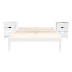 a white bed frame with two drawers on each side