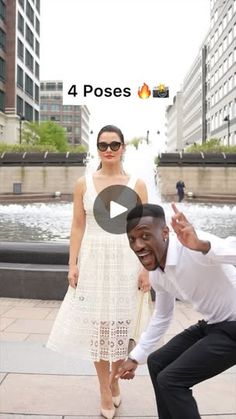 a man kneeling down next to a woman in front of a fountain with the caption 4 poses