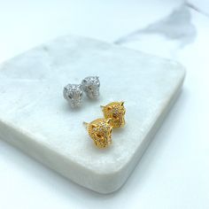 18k Gold Filled or Silver Filled Micro Pave Cubic Zirconia Panther Head Shape Stud Earrings, Leopard Stud Earrings.Earrings Size:Length: 10mm | Width: 9mm | Thickness: 6mm Gold Earrings With Cubic Zirconia Diamond Eyes, Luxury Gold Earrings With Diamond Eyes, Pear-shaped Cubic Zirconia Earrings With Pave Setting, Luxury Gold Pave Setting Earrings, Glamorous Gold-plated Crystal Earrings For Pierced Ears, Panther Earrings, Lion Stud Earrings, Panther Head, Head Shapes