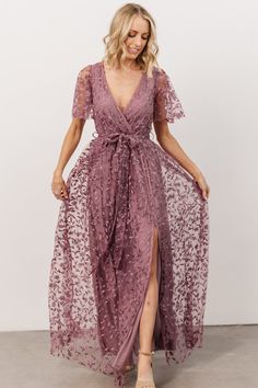 Marseille Embossed Maxi Dress | Lavender | Baltic Born Lavender Floor Length Dress, Boho Semi Formal Dresses, Mauve Floral Bridesmaid Dress, Lavender Maxi Dress, Lavender Purple Color, Organza Material, Eras Outfits, Purple Lace Dress, Dusty Lilac