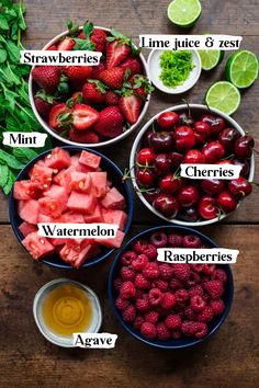 fruits and vegetables labeled in different bowls on a wooden table with limes, strawberries, watermelon, raspberries, mint