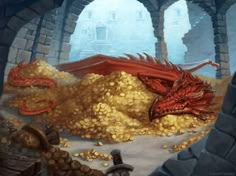 a red dragon laying on top of a pile of gold