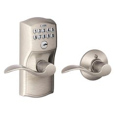 an electronic door lock with keypad on the front and back side, in satin chrome