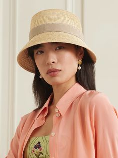 VALENTINO GARAVANI Silk jacquard-trimmed straw bucket hat | NET-A-PORTER Beige Cloche Hat For Vacation, Luxury Beige Straw Hat With Wide Brim, Luxury Beige Wide Brim Straw Hat, Elegant Natural Color Bucket Hat, Designer Wide Brim Beige Hats, Chic Beige Cloche Straw Hat, Designer Beige Wide Brim Hat, Designer Beige Summer Hat, Beige Cloche Bucket Hat For Summer