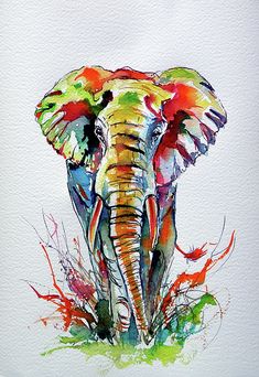 an elephant is painted with watercolors on white paper and it looks like he's sitting in the grass