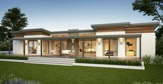 a rendering of a modern house with glass doors and windows on the front, sitting in grass