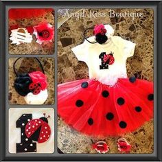 the first birthday outfit is made with red and black polka dots, ladybug tutu