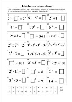 the worksheet for addition to index laws is shown in black and white, with numbers