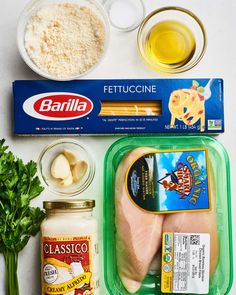 ingredients to make chicken parmesan soup laid out on a white counter top, including broccoli