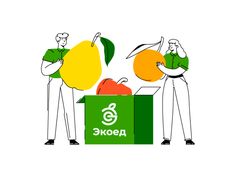 three people are standing in front of a box with apples and oranges on it