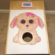 a cardboard cut out of a dog with pink eyes