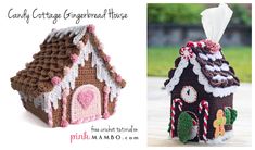 two crocheted houses with trees and clouds in the background, one has a pink roof