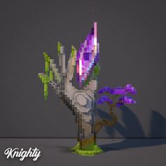 a pixelated image of a hand holding a purple and green plant with the word knight on it